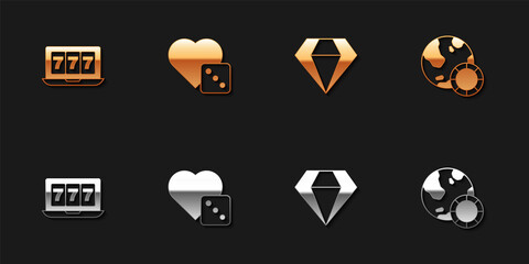 Set Online slot machine with jackpot, Game dice, Diamond and Casino chips icon. Vector