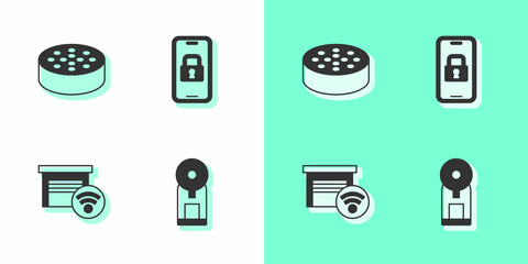 Set Smart coffee machine, Water sensor, garage and Digital door lock icon. Vector