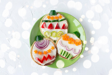 Christmas pancake healthy breakfast shaped tree ornaments with fresh vegetables. Top view, Flatly.Xmas fun food for kids, funny breakfast idea healthy food, diet