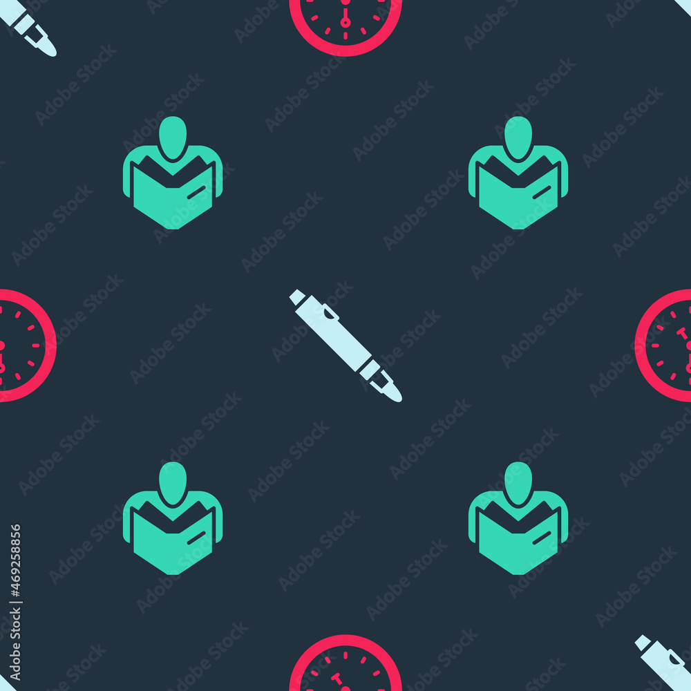 Poster set clock, marker pen and man reading book on seamless pattern. vector