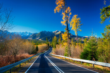 Autumnal landscape of the road to the Tatra Mountains, Poland.