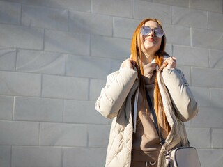 stylish, beautiful, red-haired girl with long hair, glasses, smiling, model, casual, dress, red...