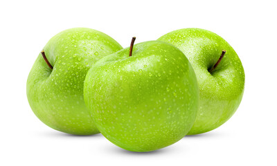Green Apple on White Background with water drop in Full Depth of Field