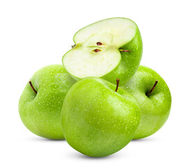 Green Apple on White Background with water drop in Full Depth of Field