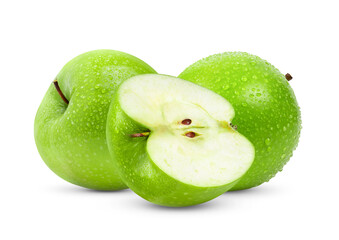 Green Apple on White Background with water drop in Full Depth of Field