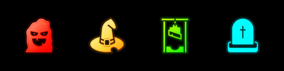 Fototapeta premium Set Funny and scary ghost mask, Witch hat, Guillotine and Tombstone with RIP written icon. Vector