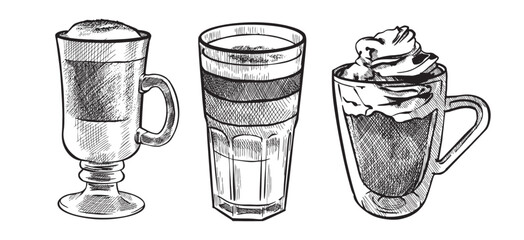 A collection of hand-painted mugs with coffee and tea in the style of handmade in black and white