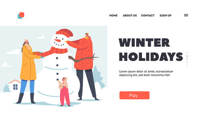 Happy Parents with Children Making Snowman on Winter Holidays Landing Page Template. Father, Mother and Baby Activities