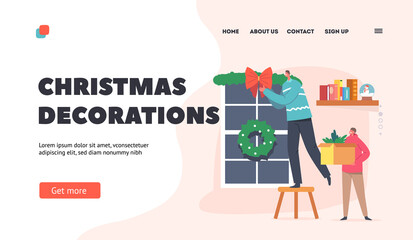 Christmas Decorations Landing Page Template. Father with Son Decorate Home, Happy Family Decorating Room for Holidays