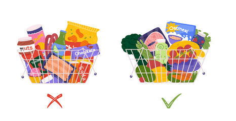 Choice between healthy and unhealthy products concept. Vegetables vs fast food in the supermarket. Detox diet for female based on right proteins, fats, oils and carbohydrates. Meal helps loose weight 