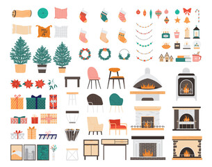 Christmas living room interior constructor set. Modern cozy and stylish