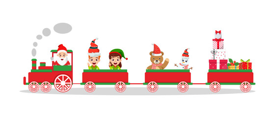 Cute beautiful Santa Claus character and kid boy and girl character snowman brown bear wearing Christmas outfit and on Christmas train with gift boxes © iconic_works