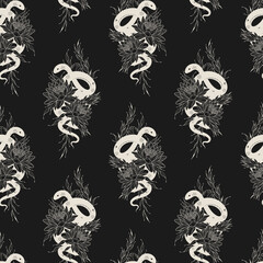 Hand drawn seamless pattern with twisted snake among water lilies. Floral python vector illustration in vintage style  for wrapping paper, t-shirt design, fabrics and other uses.
