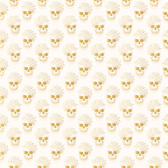 Hand drawn seamless golden pattern with skull with flowers. Floral vector illustration in vintage style  for wrapping paper, t-shirt design, fabrics and other uses.