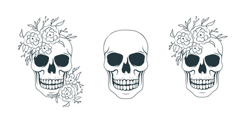 Hand drawn set with skulls and flowers. Vector isolated horror illustration in vintage style  for tattoo, t-shirt design, textile, bags.