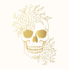 Hand drawn golden floral skull vector illustration in vintage style  for t-shirt design, textile, bags, cards and covers.