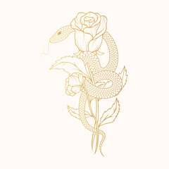 Hand drawn gold snake wrapped around a rose. Golden floral vector illustration in vintage style  for covers,  t-shirt design, fabrics, notebooks and cards.