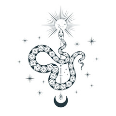Hand drawn celestial snake illustration with stars, sun and moon. Spiritual background for tattoo, covers,  t-shirt design, fabrics, notebooks and cards.