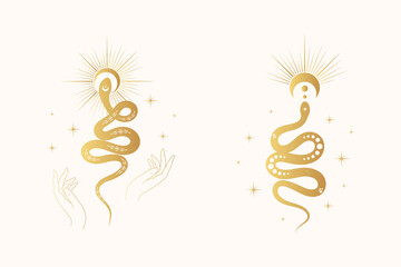 Prints with golden snakes, sun, moon and stars. Celestial gold collection for the design of t-shirts, posters, covers and cards.