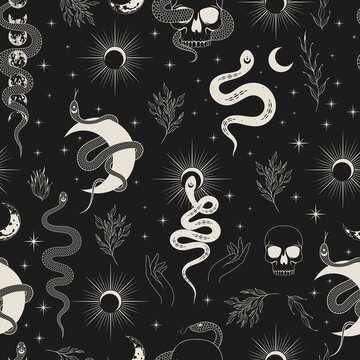 Hand drawn celestial seamless pattern with snakes, skulls, stars, moon and flowers. Black and white spiritual vector illustration for backgrounds, fabrics, wrapping paper.