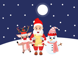 Naklejka premium Cute beautiful Santa Claus character and reindeer snowman character standing with placard on snow fields on nigh background