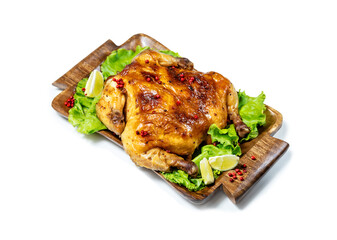 Roasted chicken with lemon, spice on wooden plate isolated on white. Top view.