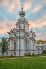 Fototapeta na wymiar Architectural masterpieces of Saint Petersburg. Smolny Convent of the Resurrection. Autumn city landscape