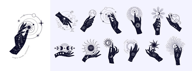 Spiritual esoteric magic logo or talisman with woman hands in silhouette style with stars, sacred geometry moon and sun. Alchemy mystic tattoo object logo template. Vector