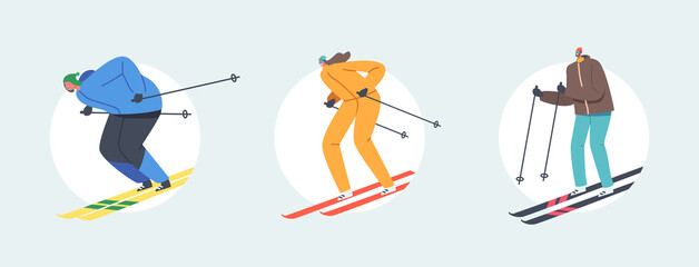 Fototapeta na wymiar Set Family Extreme Speed Skiing. Skiers Isolated on White Background. Winter Season Recreation, Sport Activity, Slalom
