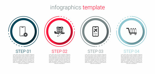Set No cell phone, Calendar and airplane, Mobile with ticket and Trolley baggage. Business infographic template. Vector