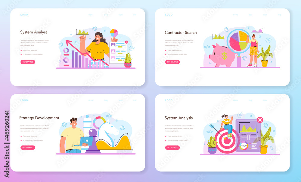 Poster system analyst web banner or landing page set. it technologies