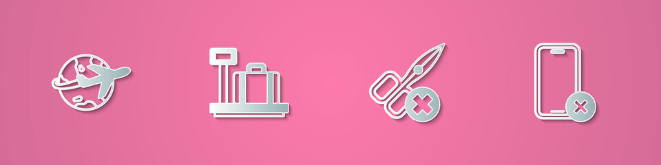 Set paper cut Globe with flying plane, Scale suitcase, No scissors and cell phone icon. Paper art style. Vector