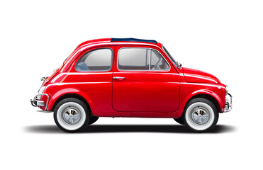 Classic Italian supermini car, side view isolated on white background	
