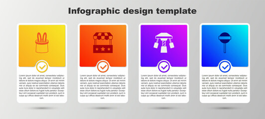 Set Magician hat and rabbit ears, Ticket box office, Attraction carousel and Lollipop. Business infographic template. Vector