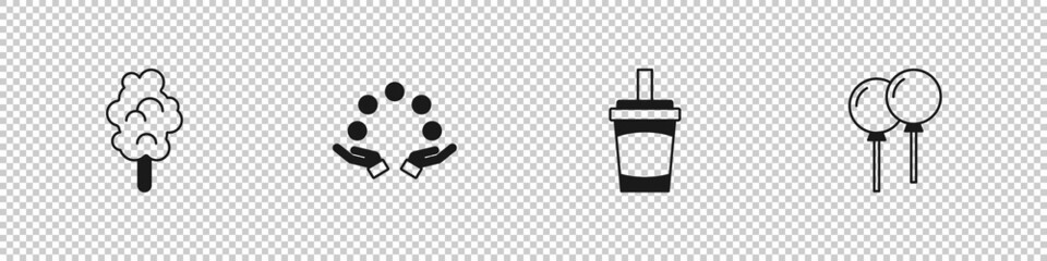 Set Cotton candy, Juggling ball, Paper glass with water and Balloons ribbon icon. Vector