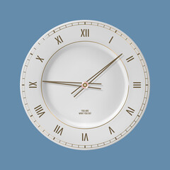 Ceramic plate style kitchen wall clock. Vector illustration. Isolated monochromatic background

