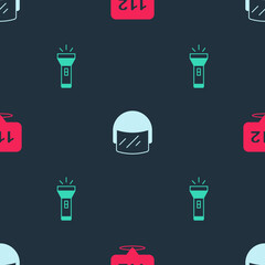 Set Telephone call 112, Police helmet and Flashlight on seamless pattern. Vector