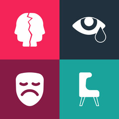 Set pop art Armchair, Drama theatrical mask, Tear cry eye and Bipolar disorder icon. Vector