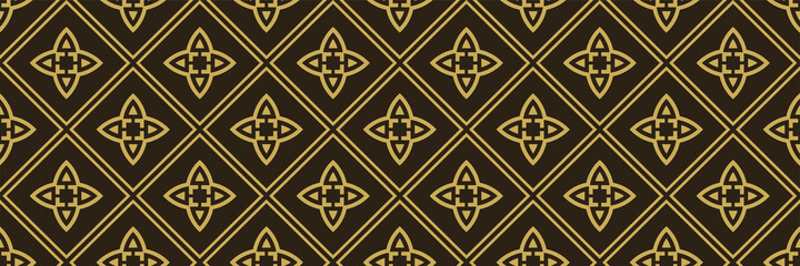 Tiled background image with decorative golden elements on black background for your design. Seamless background for wallpaper, textures.