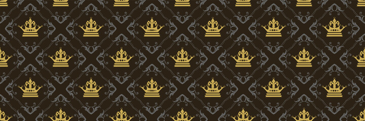 Royal background pattern with golden crowns on black background for your design. Seamless background for wallpaper, textures