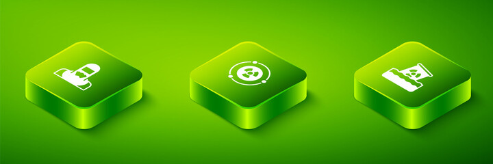 Set Isometric Radioactive, waste in barrel and Nuclear reactor worker icon. Vector