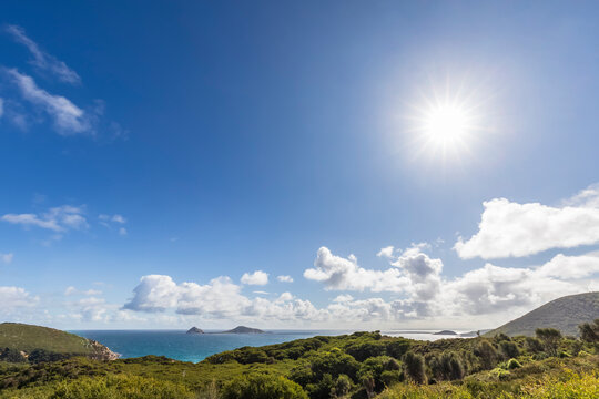 Sun shining over coastal landscape of Norman Island in summer
