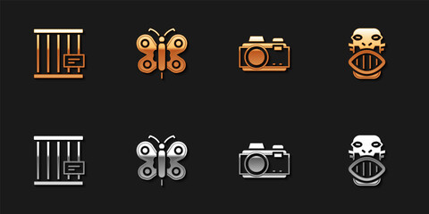 Set Animal cage, Butterfly, Photo camera and Mexican mayan or aztec mask icon. Vector