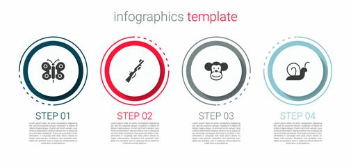 Set Butterfly, Hunting gun, Monkey and Snail. Business infographic template. Vector