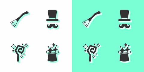Set Magic hat, Witches broom, staff and Magician icon. Vector
