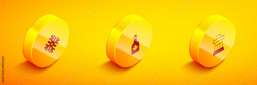 Poster set isometric snowflake, bottle of maple syrup and inukshuk icon. vector