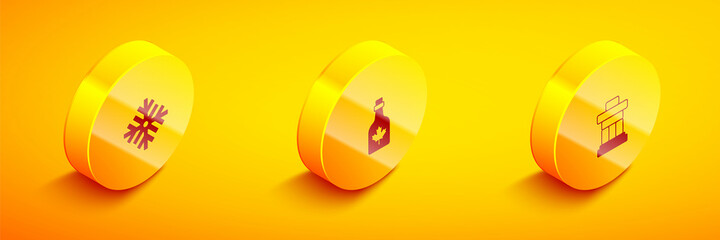 Set Isometric Snowflake, Bottle of maple syrup and Inukshuk icon. Vector