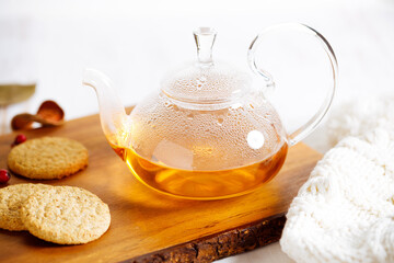 hot glass teapot with teabag.