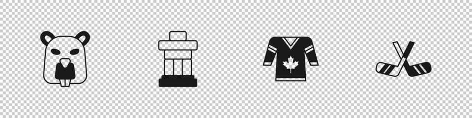 Obraz premium Set Beaver animal, Inukshuk, Hockey jersey and Ice hockey sticks icon. Vector