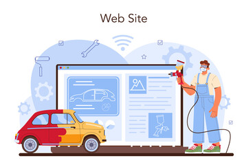 Fototapeta premium Car service online service or platform. Mechanic in uniform paint